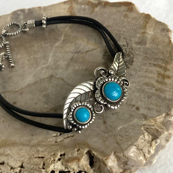 Sterling Silver 925 Dakota West Floral Leaf Turquoise Cabochon Cord Bracelet 8" - Picture 7 of 16